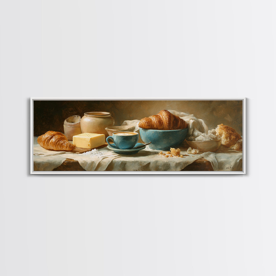 French Bistro Coffee and Croissant Still Life Canvas Print, Restaurant Art, Restaurant Decor, Abstract Art, Bistro, RES-3x1-22