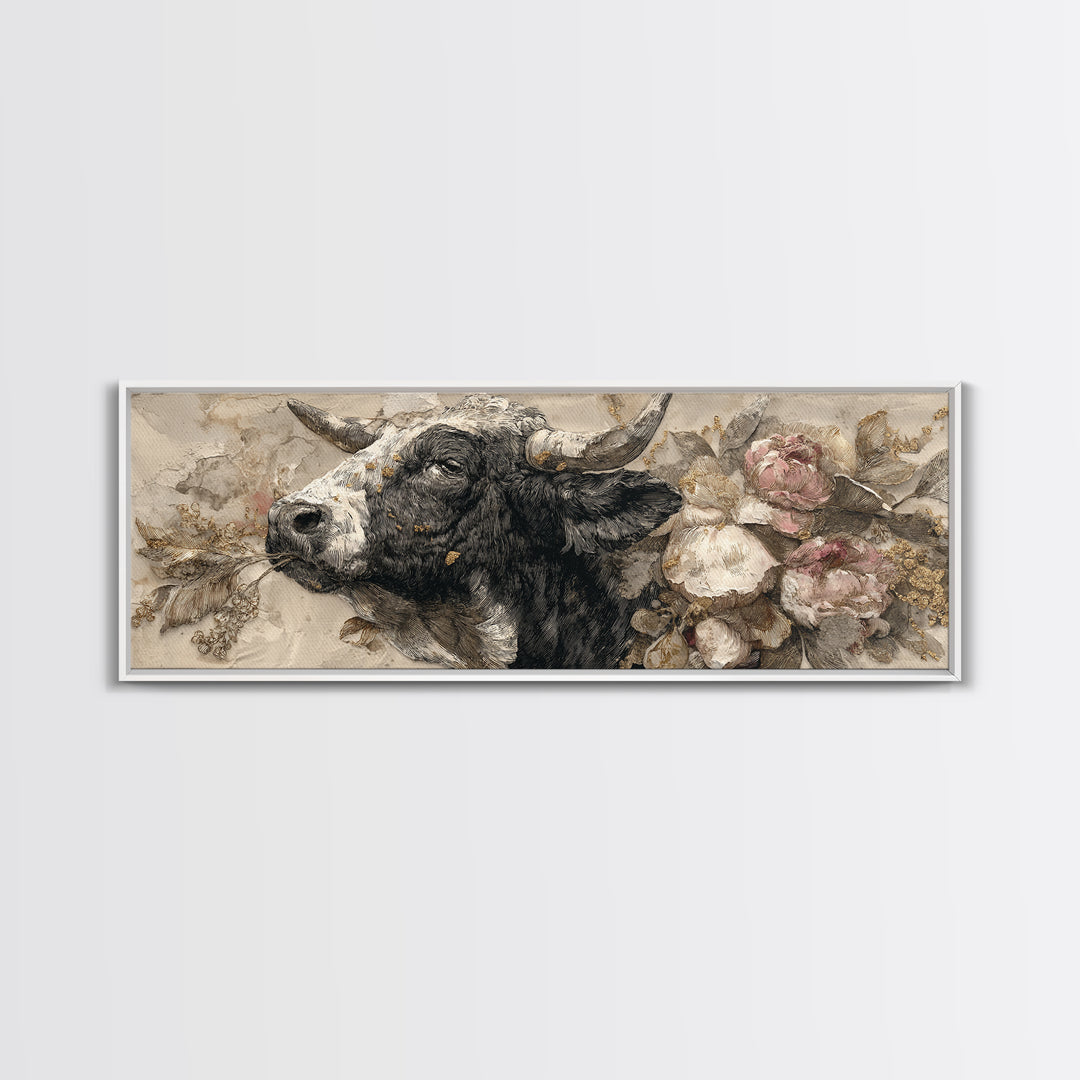 Steakhouse Black and Gold Bull Portrait Framed Canvas Print, Restaurant Art, Room Decor, Restaurant Decor, Oil Painting, Bistro, RES-3x1-23