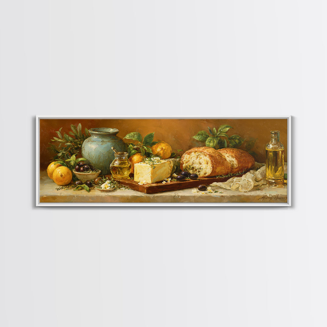 Mediterranean Olives Bread and Cheese Board Canvas Print, Restaurant Art, Watercolor Art, Restaurant Decor, Abstract Art, RES-3x1-25