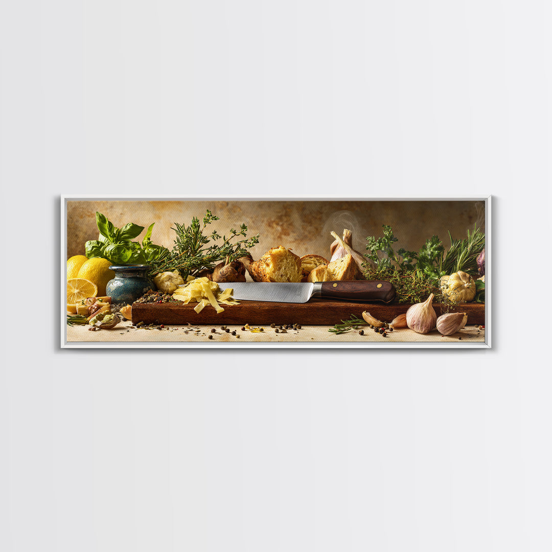 Chef Knife Herbs and Cutting Board Still Framed Canvas Print, Restaurant Art, Stained Glass Art, Restaurant Decor, Bistro, RES-3x1-53