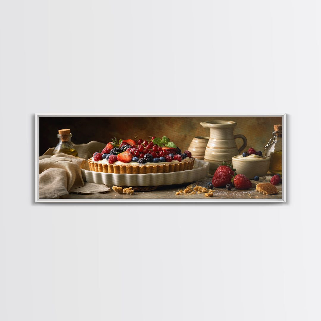 Dessert Tart with Berries and Cream Framed Canvas Print, Restaurant Art, Minimalist Decor, Restaurant Decor, Fine Art, Bistro, RES-3x1-56