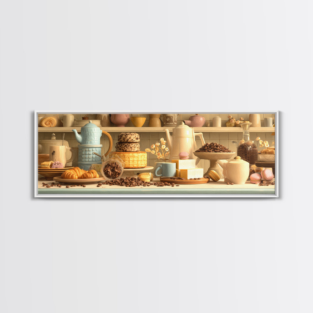 Coffee Beans and Pastry Arrangement Canvas Print, Restaurant Art, Boho Decor, Restaurant Decor, Oil Painting, Bistro, RES-3x1-62