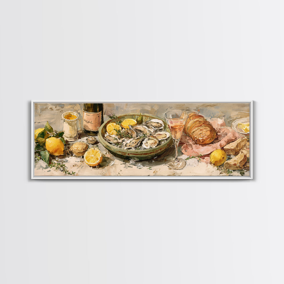 Oyster Platter with Lemons and Champagne Framed Canvas Print, Restaurant Art, Kitchen Wall Art, Restaurant Decor, Abstract Art, RES-3x1-67