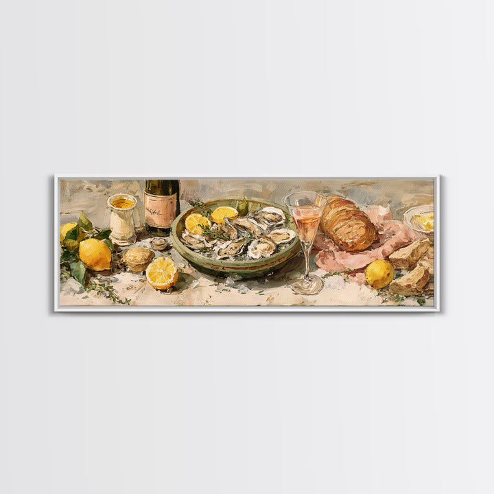 Oyster Platter with Lemons and Champagne Framed Canvas Print, Restaurant Art, Kitchen Wall Art, Restaurant Decor, Abstract Art, RES-3x1-67
