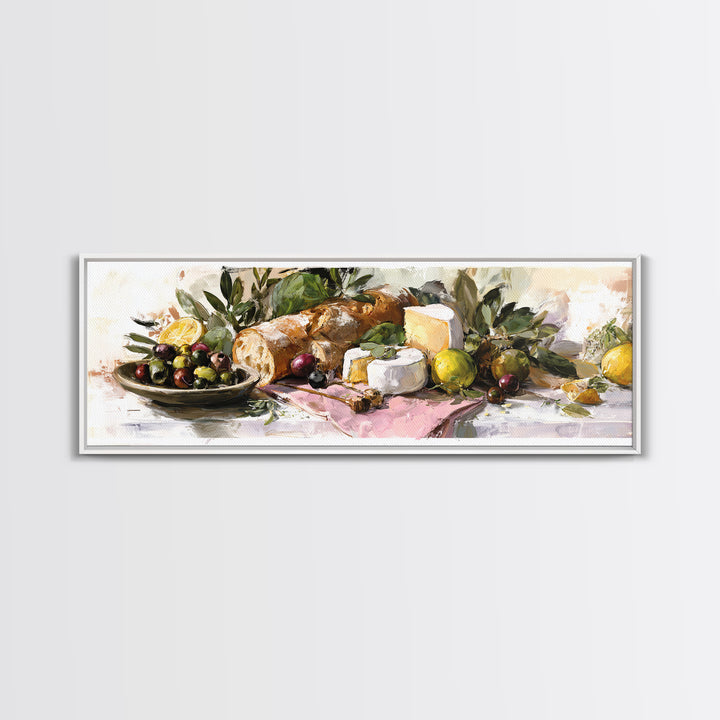 Mediterranean Olives Bread and Cheese Board Framed Canvas Print, Restaurant Art, Neutral Decor, Restaurant Decor, Bistro, RES-3x1-73