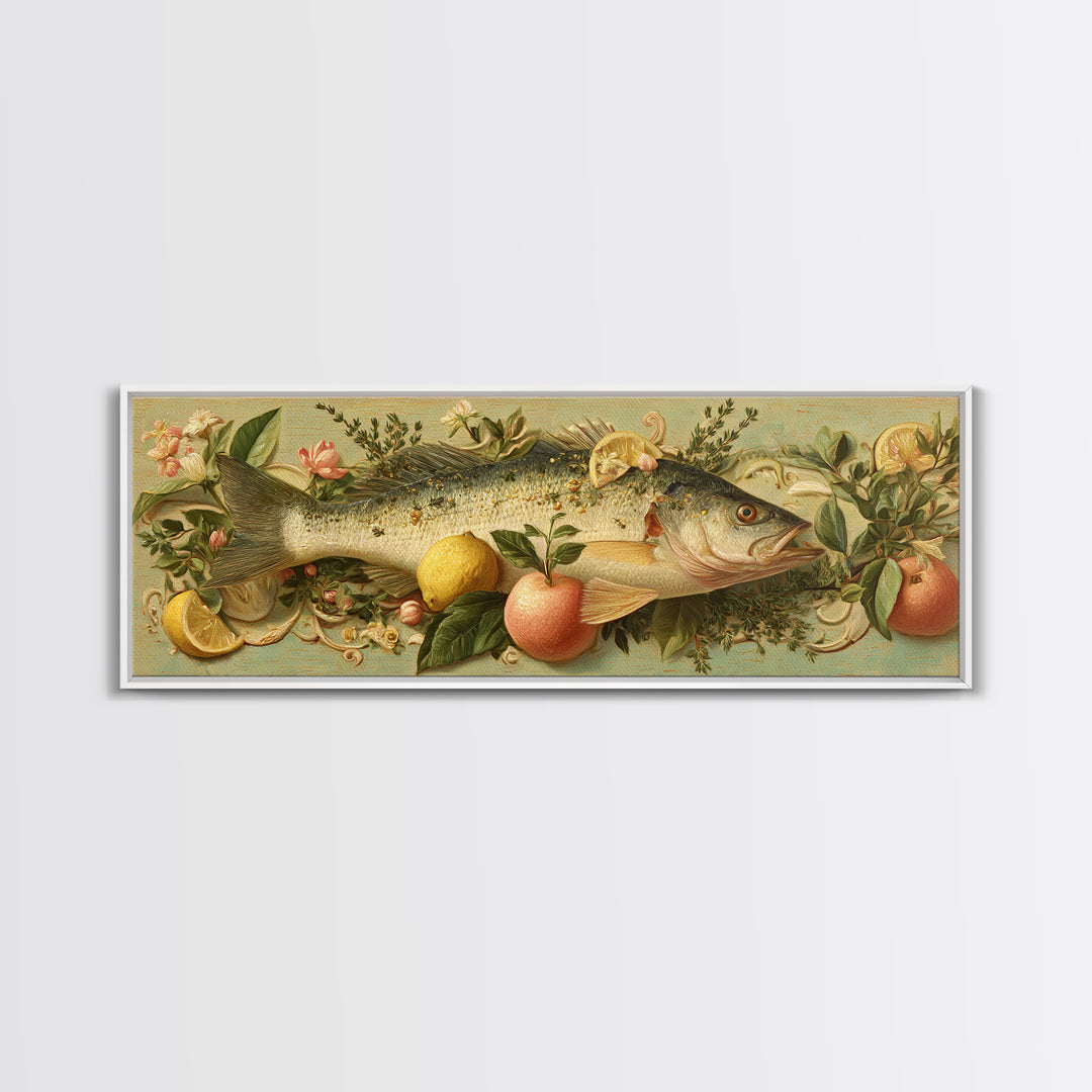 Fresh Fish with Lemon and Herbs Framed Canvas Print, Restaurant Art, Kitchen Decor, Restaurant Decor, Fine Art, Bistro, RES-3x1-87