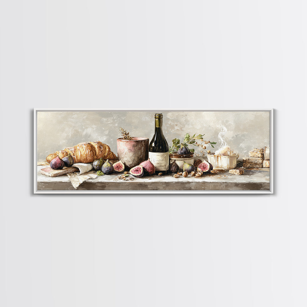 Wine Bottle and Figs Framed Canvas Print, Restaurant Art, Boho Decor, Restaurant Decor, Oil Painting, Bistro, RES-3x1-89