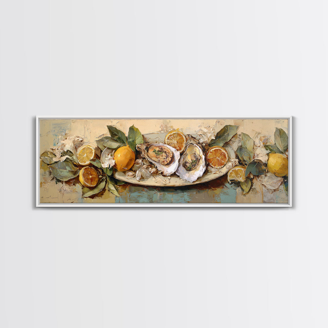 Oyster Platter with Lemons and Champagne Canvas Print, Restaurant Art, Canvas, Restaurant Decor, Bistro, Living Room Decor, RES-3x1-91