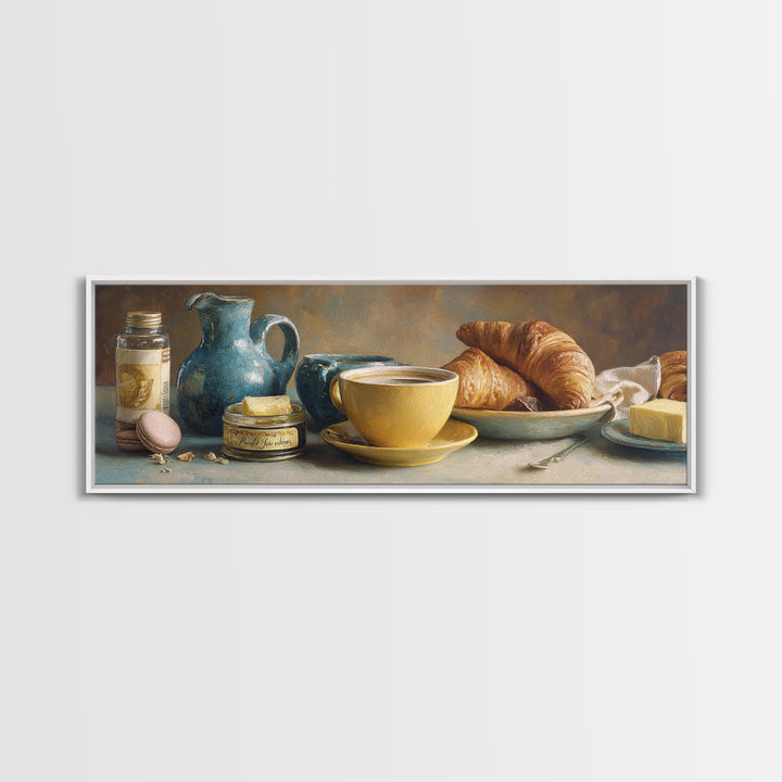 French Bistro Coffee and Croissant Still Life Canvas Print, Restaurant Art, Bedroom Wall Art, Restaurant Decor, Watercolor Art, RES-3x1-94