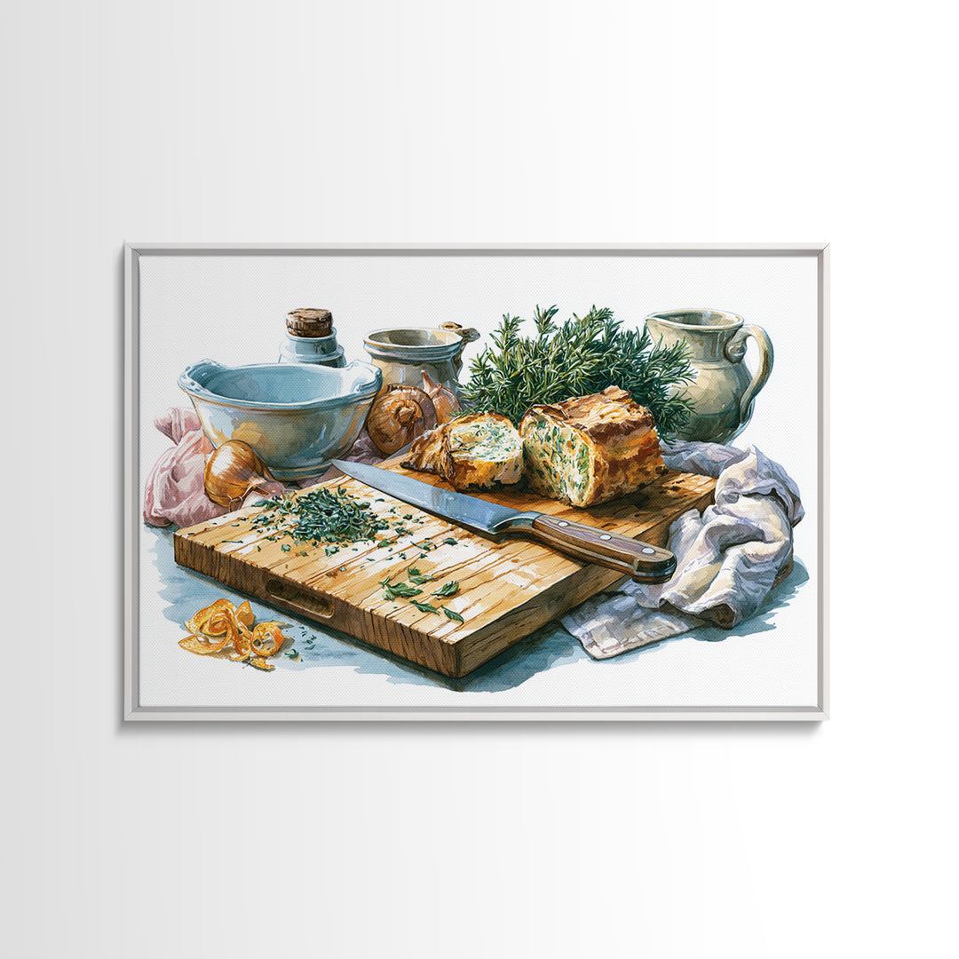 Chef Knife Herbs and Cutting Board Still Canvas Print, Restaurant Art, Kitchen Wall Decor, Restaurant Decor, Fine Art, Bistro, RES-3x2-17