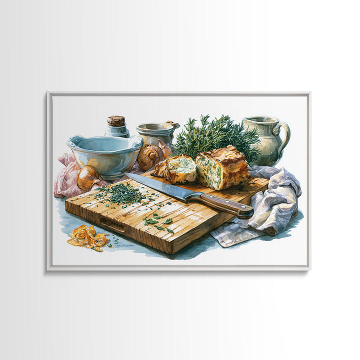 Chef Knife Herbs and Cutting Board Still Canvas Print, Restaurant Art, Kitchen Wall Decor, Restaurant Decor, Fine Art, Bistro, RES-3x2-17
