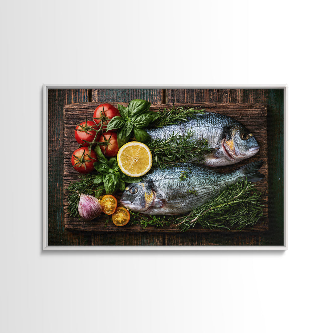 Fresh Fish with Lemon and Herbs Framed Canvas Print, Restaurant Art, Gallery Decor, Restaurant Decor, Fine Art, Bistro, RES-3x2-27