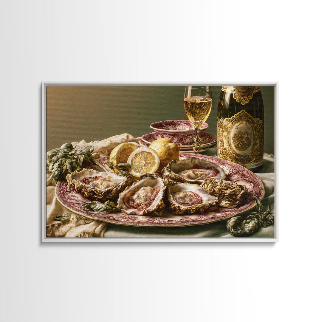 Oyster Platter with Lemons and Champagne Framed Canvas Print, Restaurant Art, Statement Artwork, Restaurant Decor, Bistro, RES-3x2-31