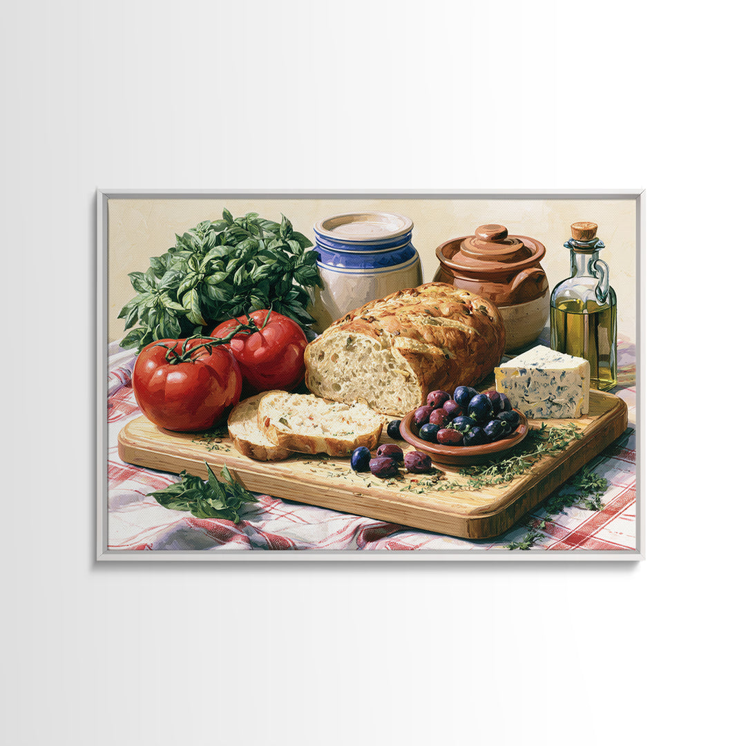 Mediterranean Olives Bread and Cheese Board Canvas Print, Restaurant Art, Food Art, Restaurant Decor, Oil Painting, Bistro, RES-3x2-37