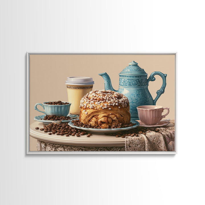 Coffee Beans and Pastry Arrangement Framed Canvas Print, Restaurant Art, Watercolor Painting, Restaurant Decor, Oil Painting, RES-3x2-50