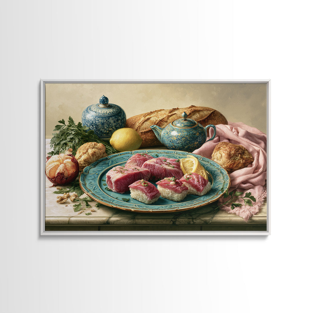 Sushi Fish and Ceramic Plate Composition Canvas Print, Restaurant Art, Cool Wall Art, Restaurant Decor, Fine Art, Bistro, RES-3x2-57