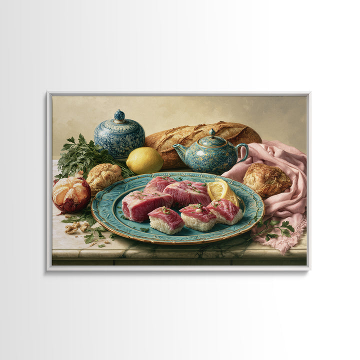 Sushi Fish and Ceramic Plate Composition Canvas Print, Restaurant Art, Cool Wall Art, Restaurant Decor, Fine Art, Bistro, RES-3x2-57