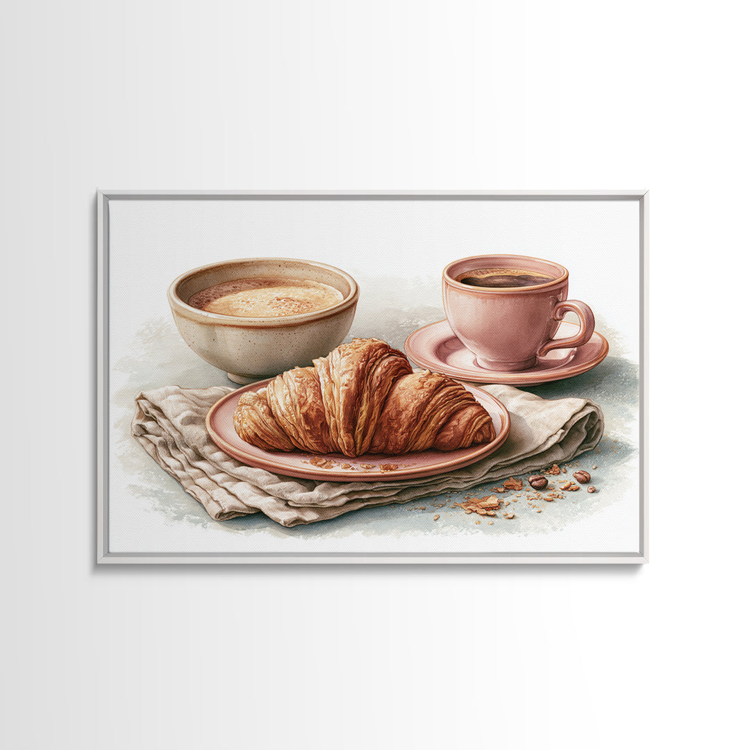 French Bistro Coffee and Croissant Still Life Canvas Print, Restaurant Art, Bedroom Wall Art, Restaurant Decor, Watercolor Art, RES-3x2-58