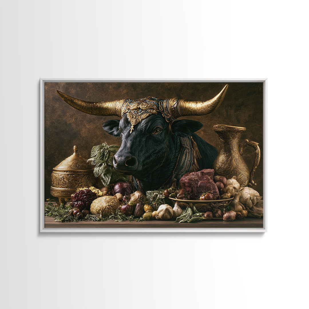 Steakhouse Black and Gold Bull Portrait Framed Canvas Print, Restaurant Art, Wall Art Prints, Restaurant Decor, Bistro, RES-3x2-59