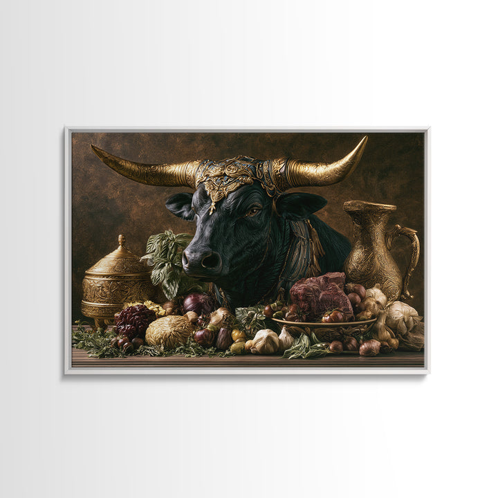Steakhouse Black and Gold Bull Portrait Framed Canvas Print, Restaurant Art, Wall Art Prints, Restaurant Decor, Bistro, RES-3x2-59