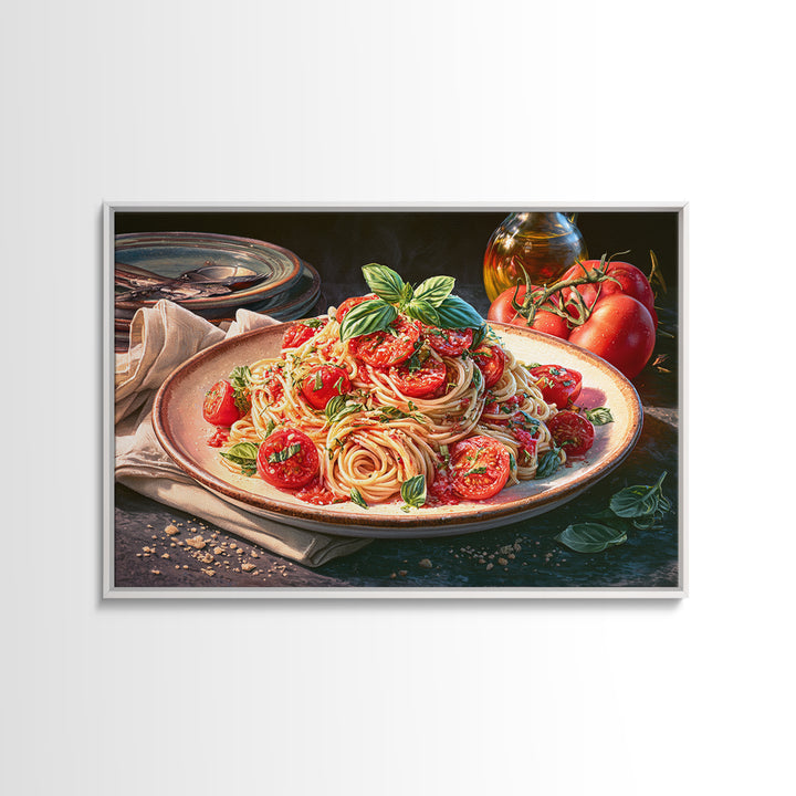 Fresh Pasta with Tomatoes and Basil Framed Canvas Print, Restaurant Art, Kitchen Art, Restaurant Decor, Fine Art, Bistro, RES-3x2-6