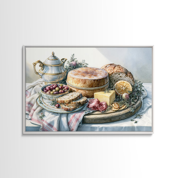 Mediterranean Olives Bread and Cheese Board Canvas Print, Restaurant Art, Food Art, Restaurant Decor, Oil Painting, Bistro, RES-3x2-61