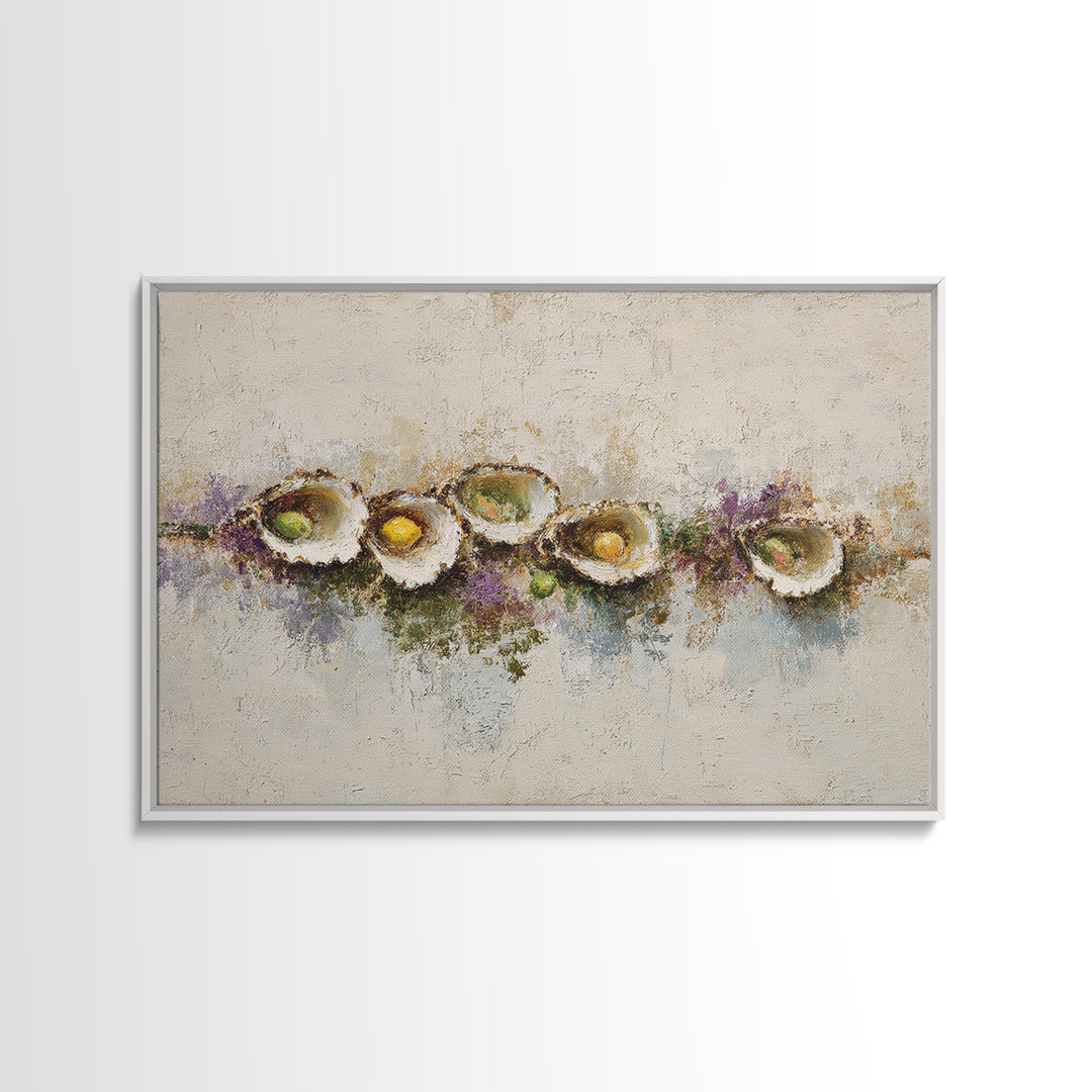 Oyster Platter with Lemons and Champagne Framed Canvas Print, Restaurant Art, Kitchen Wall Art, Restaurant Decor, Abstract Art, RES-3x2-7