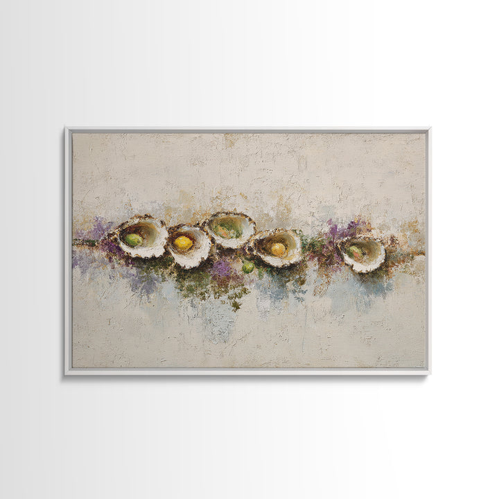 Oyster Platter with Lemons and Champagne Framed Canvas Print, Restaurant Art, Kitchen Wall Art, Restaurant Decor, Abstract Art, RES-3x2-7