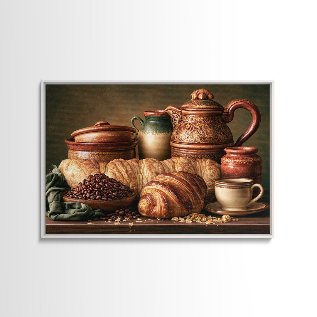 Coffee Beans and Pastry Arrangement Framed Canvas Print, Restaurant Art, Watercolor Painting, Restaurant Decor, Oil Painting, RES-3x2-74