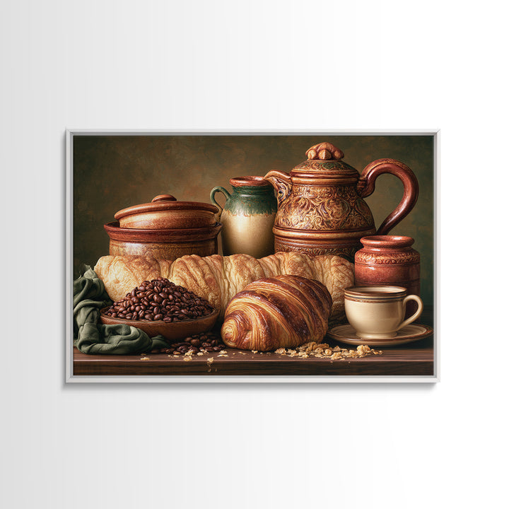 Coffee Beans and Pastry Arrangement Framed Canvas Print, Restaurant Art, Watercolor Painting, Restaurant Decor, Oil Painting, RES-3x2-74