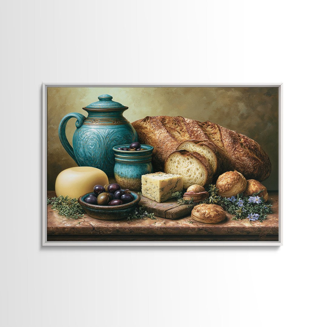 Mediterranean Olives Bread and Cheese Board Framed Canvas Print, Restaurant Art, Statement Artwork, Restaurant Decor, Bistro, RES-3x2-85