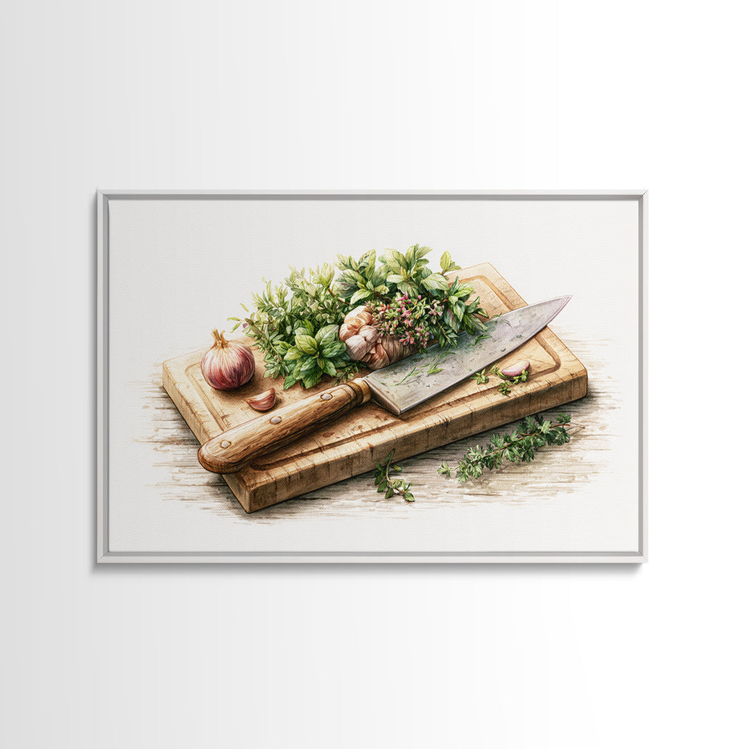 Chef Knife Herbs and Cutting Board Still Canvas Print, Restaurant Art, Boho Decor, Restaurant Decor, Oil Painting, Bistro, RES-3x2-89
