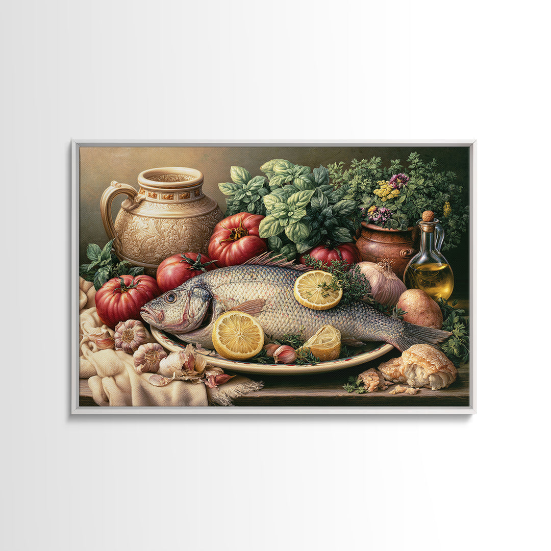 Fresh Fish with Lemon and Herbs Framed Canvas Print, Restaurant Art, Kitchen Decor, Restaurant Decor, Fine Art, Bistro, RES-3x2-99