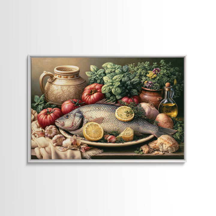 Fresh Fish with Lemon and Herbs Framed Canvas Print, Restaurant Art, Kitchen Decor, Restaurant Decor, Fine Art, Bistro, RES-3x2-99