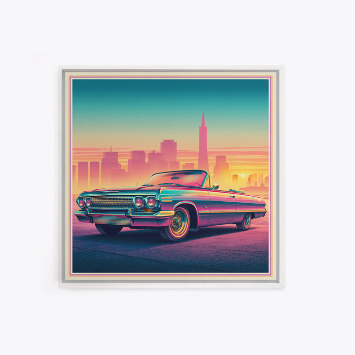 Classic Convertible at Pink Sunset Framed Canvas Print, Retro Art, Bedroom Wall Art, Living Room Decor, Watercolor Art, Retro, RET-1x1-34