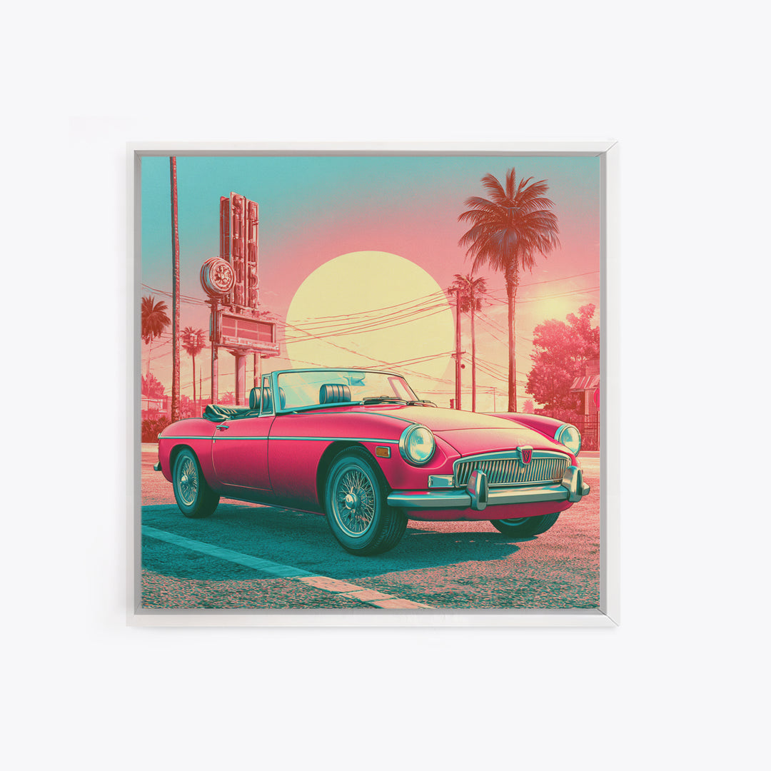 Classic Convertible at Pink Sunset Framed Canvas Print, Retro Art, Bedroom Wall Art, Living Room Decor, Watercolor Art, Retro, RET-1x1-58
