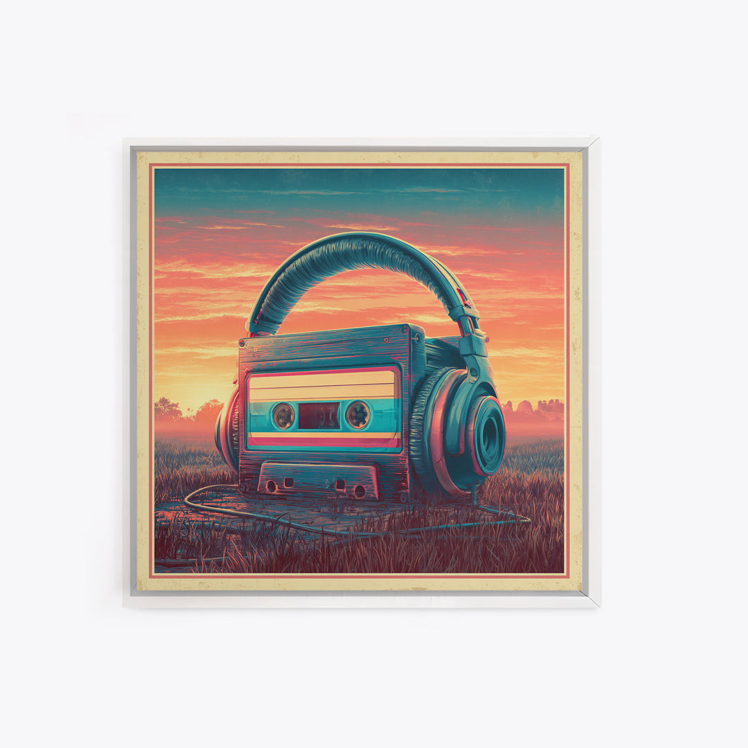 Cassette Tape and Headphones Graphic Framed Canvas Print, Retro Art, Gallery Decor, Living Room Decor, Fine Art, Retro, RET-1x1-78