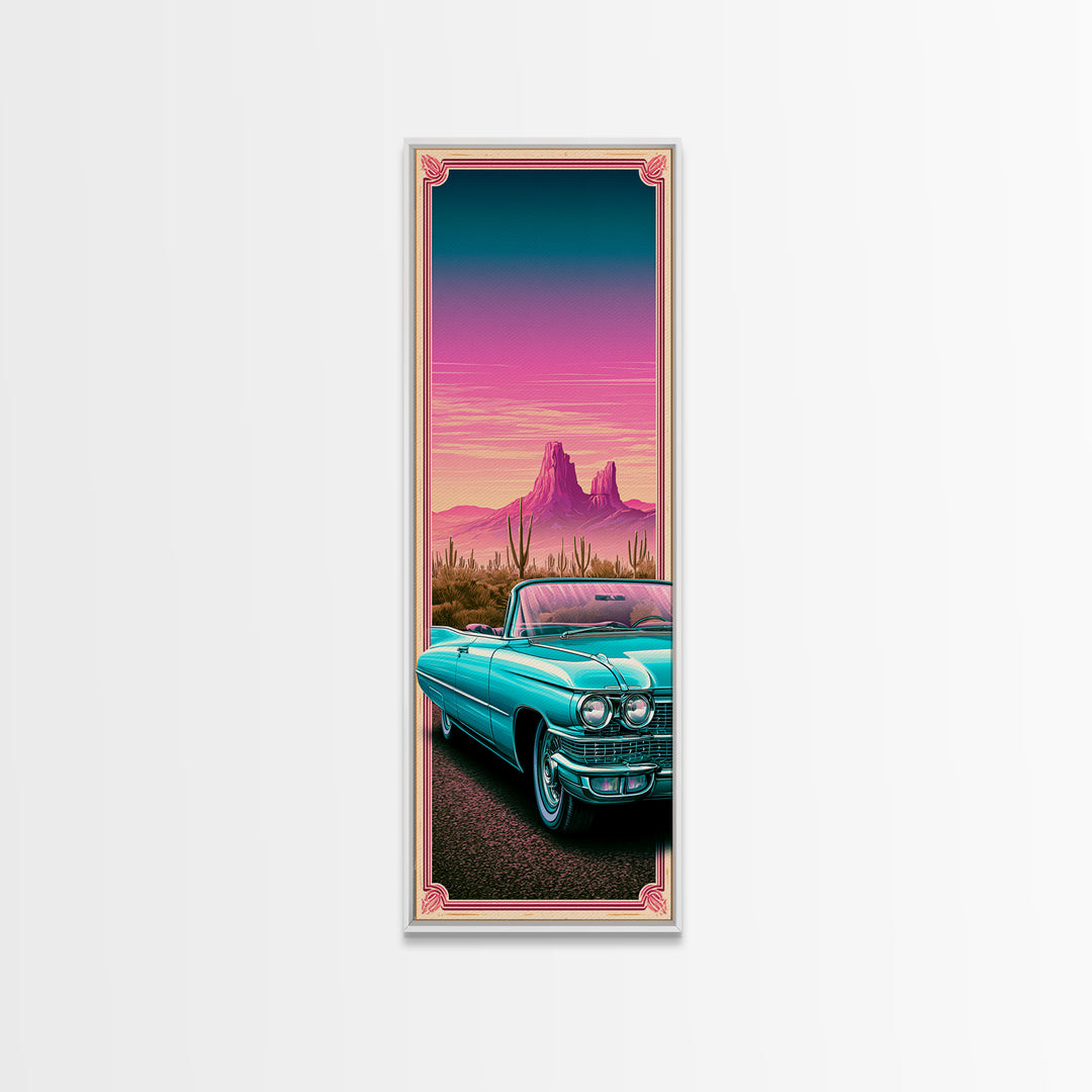 Classic Convertible at Pink Sunset Framed Canvas Print, Retro Art, Cat Art, Living Room Decor, Fine Art, Retro, RET-1x3-70