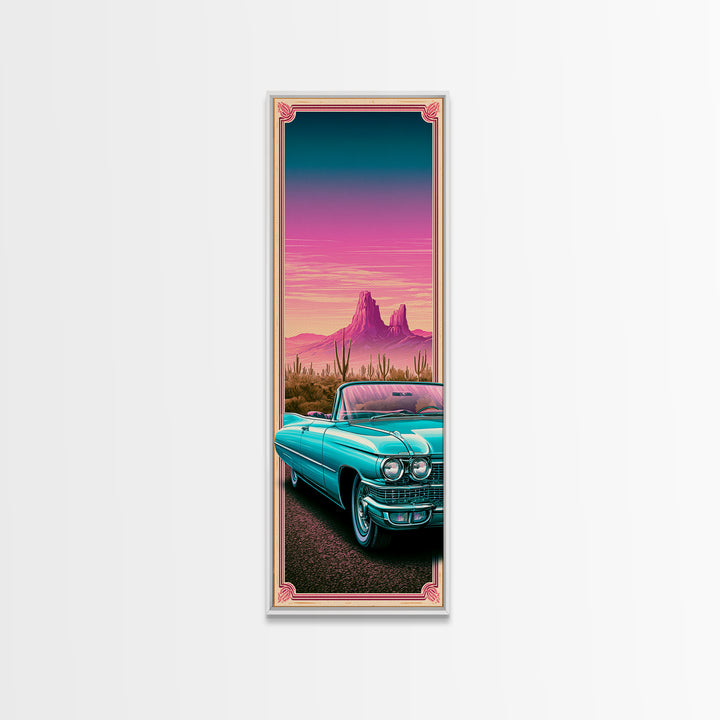 Classic Convertible at Pink Sunset Framed Canvas Print, Retro Art, Cat Art, Living Room Decor, Fine Art, Retro, RET-1x3-70
