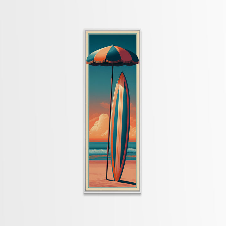 Retro Beach Umbrella and Surfboard Canvas Print, Retro Art, Floral Wall Art, Living Room Decor, Retro, Minimalist Decor, RET-1x3-78