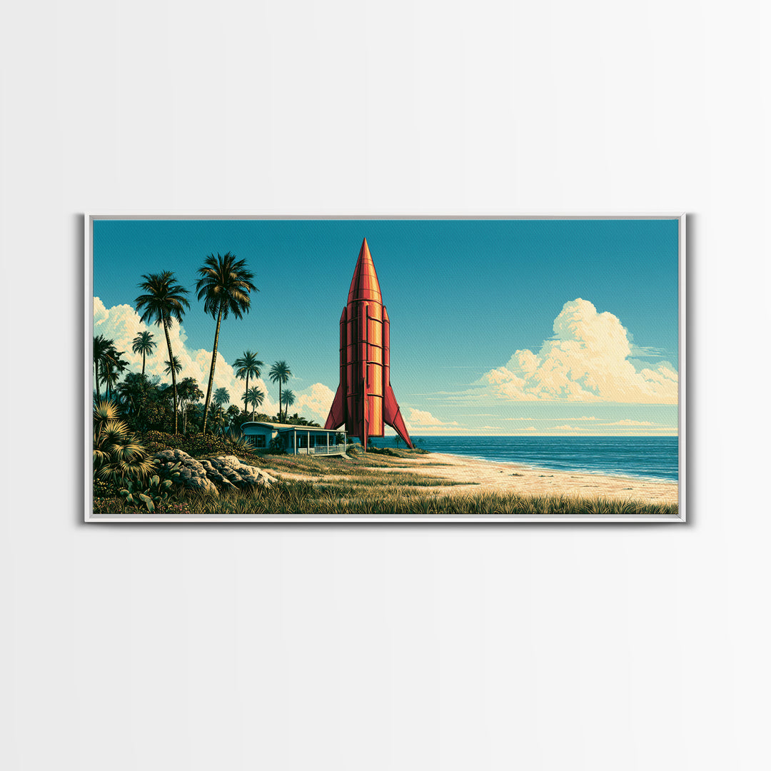 Space Age Rocket Poster Scene Framed Canvas Print, Retro Art, Fine Art Print, Living Room Decor, Fine Art, Retro, Wall Decor, RET-2x1-27