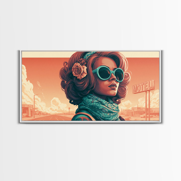 Mod Woman in Sunglasses and Scarf Framed Canvas Print, Retro Art, Minimalist Decor, Living Room Decor, Fine Art, Retro, RET-2x1-28