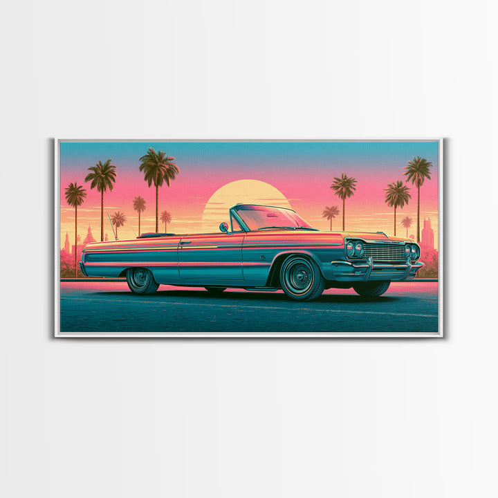 Classic Convertible at Pink Sunset Framed Canvas Print, Retro Art, Luxury Decor, Living Room Decor, Fine Art, Retro, RET-2x1-30