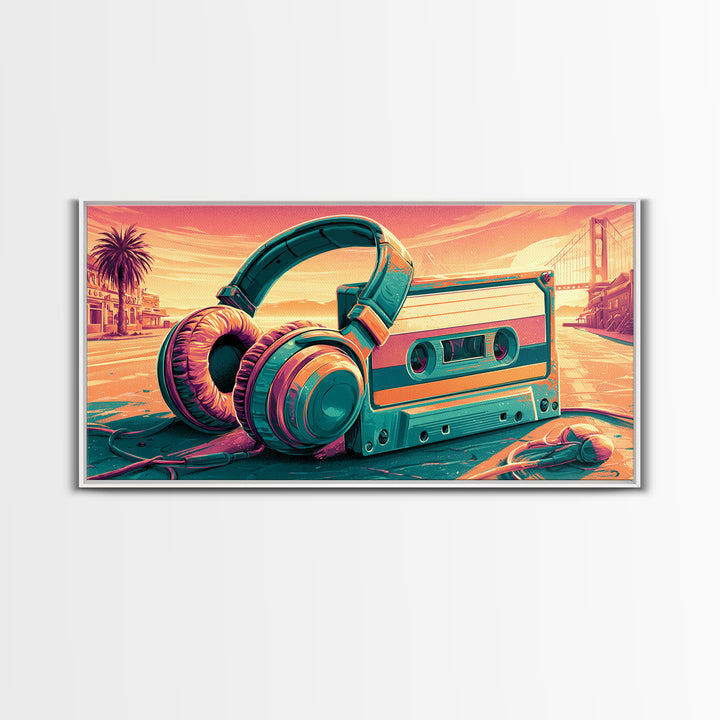 Cassette Tape and Headphones Graphic Framed Canvas Print, Retro Art, Minimalist Decor, Living Room Decor, Fine Art, Retro, RET-2x1-50
