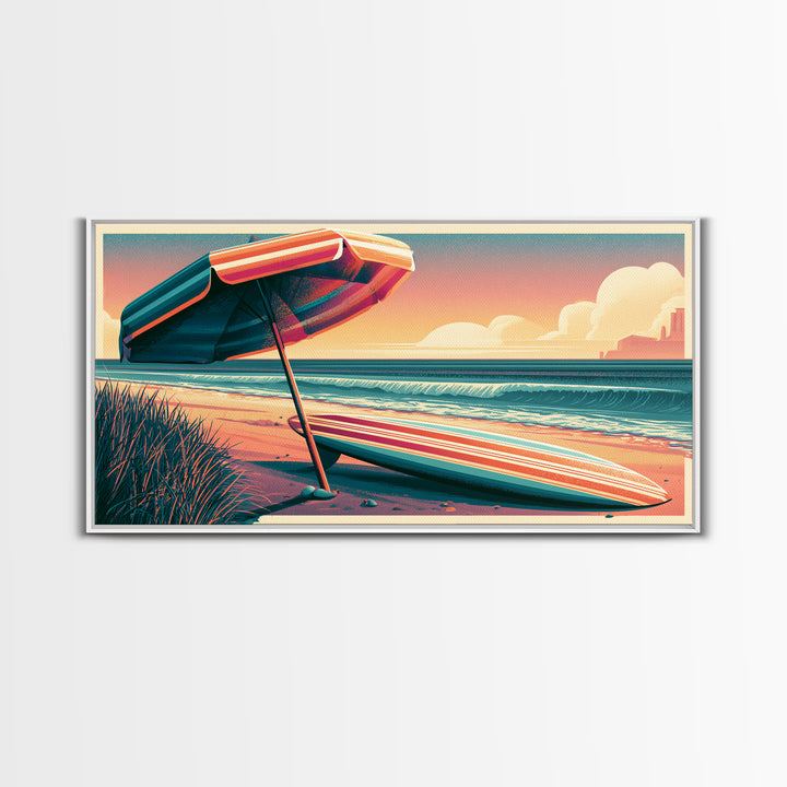 Retro Beach Umbrella and Surfboard Canvas Print, Retro Art, Room Decor, Living Room Decor, Oil Painting, Retro, Wall Art Prints, RET-2x1-62