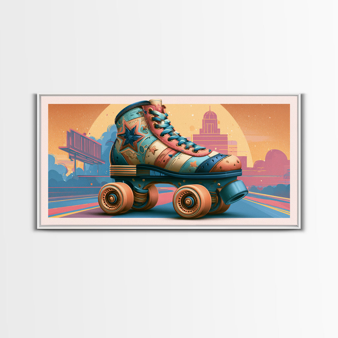 Retro Roller Skate Framed Canvas Print, Retro Art, Mid Century Modern, Living Room Decor, Fine Art, Retro, Dopamine Decor, RET-2x1-72
