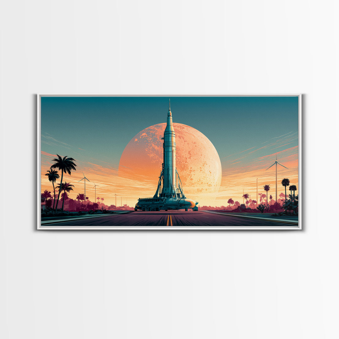 Space Age Rocket Poster Scene Framed Canvas Print, Retro Art, Boho Decor, Living Room Decor, Fine Art, Retro, Posters, RET-2x1-75