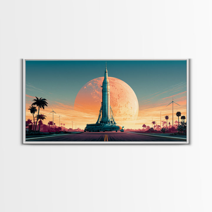 Space Age Rocket Poster Scene Framed Canvas Print, Retro Art, Boho Decor, Living Room Decor, Fine Art, Retro, Posters, RET-2x1-75