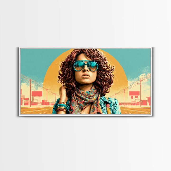 Mod Woman in Sunglasses and Scarf Canvas Print, Retro Art, Apartment Decor, Living Room Decor, Fine Art, Retro, Cat Art, RET-2x1-76
