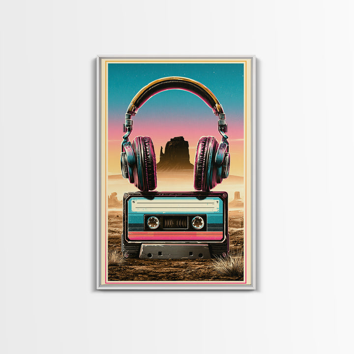 Cassette Tape and Headphones Graphic Canvas Print, Retro Art, Art Print, Living Room Decor, Oil Painting, Retro, RET-2x3-14
